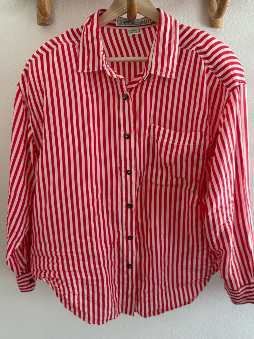 90s Y2K preppy oversized 100% silk red cream stripe shirt size M